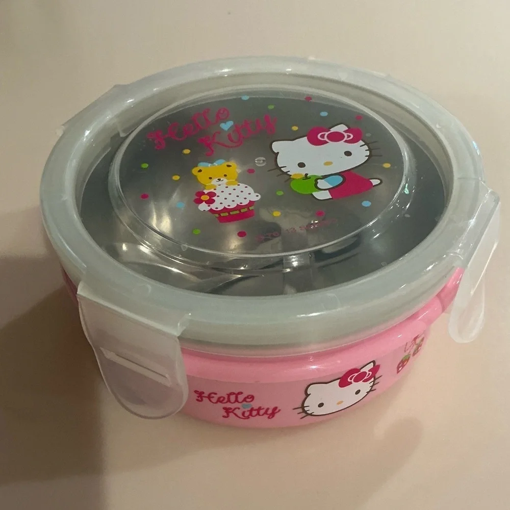Sanrio Hello Kitty Stainless Steel Bowl with Lid with Mini Spoons in Pink